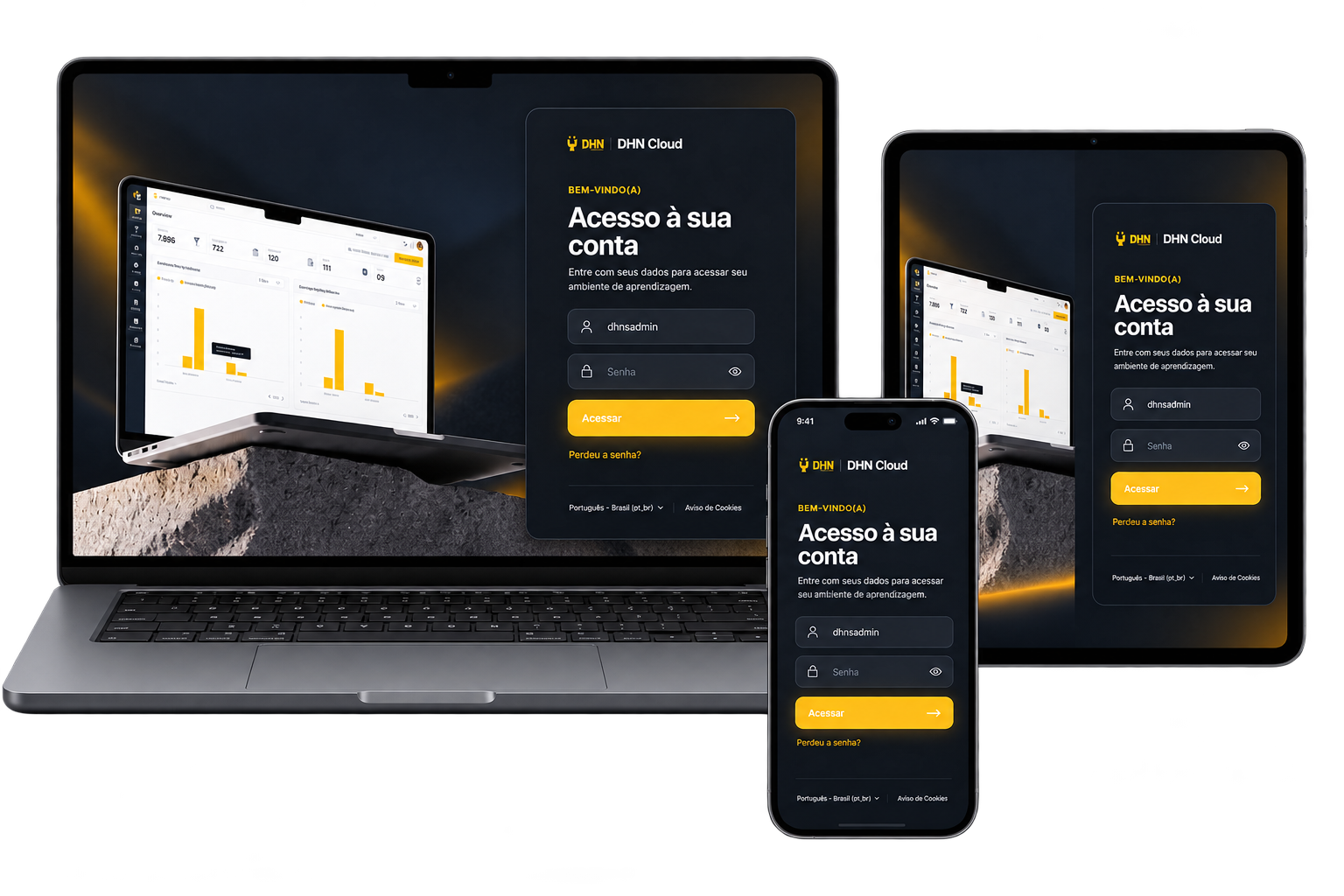 DHN Cloud exibido em notebook, tablet e celular
