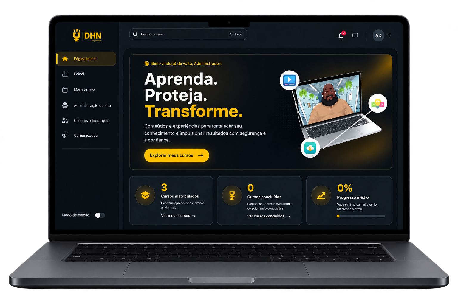 Plataforma DHN Corporate apresentada em um notebook